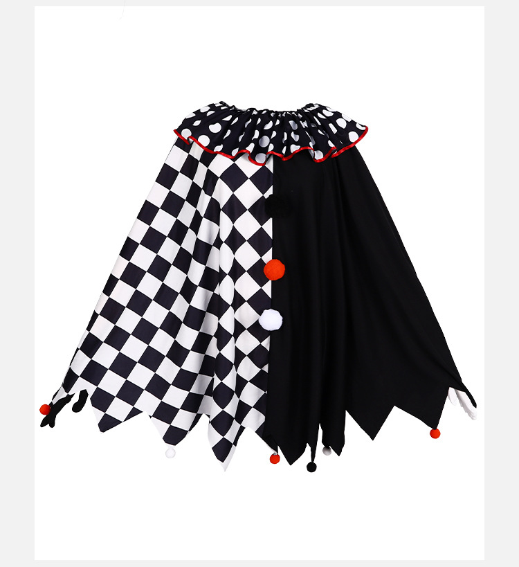 Halloween Scary Evil Joker Costume - Black White Split Checkered Clown Poncho